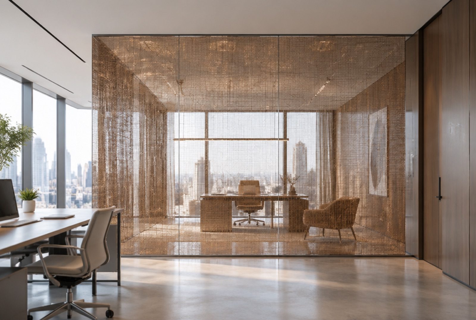 Bronze Metallic fabric laminated glass partition in a real office environment