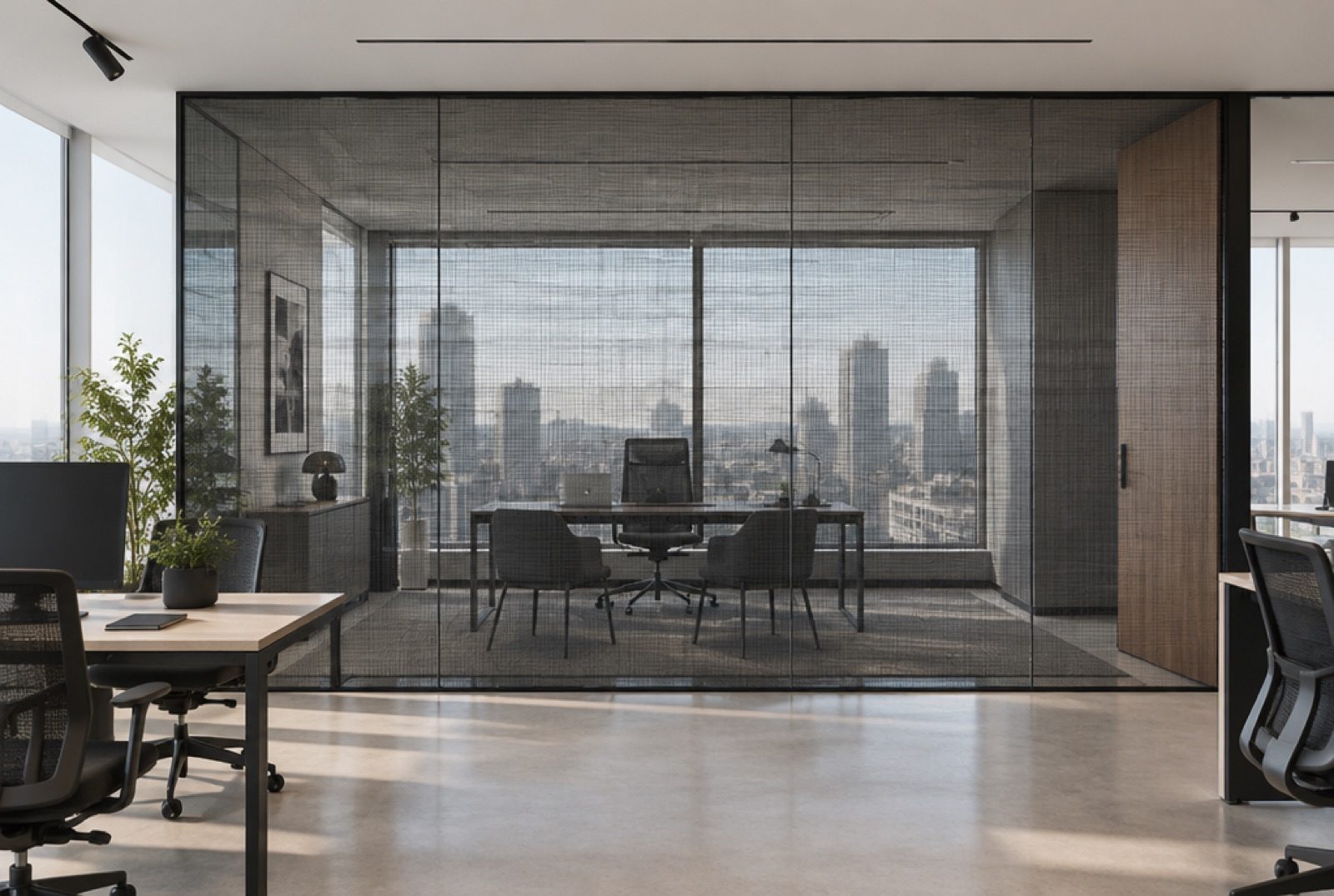 Charcoal Mesh fabric laminated glass partition in a real office environment