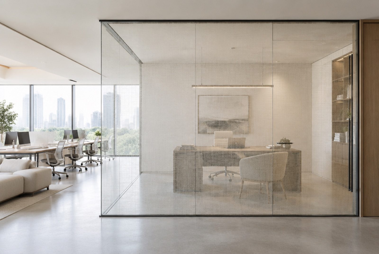 Ivory Linen fabric laminated glass partition in a real office environment