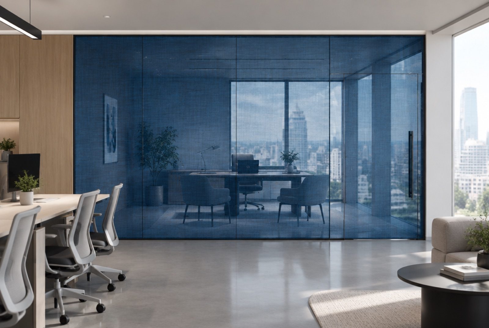 Navy Linen fabric laminated glass partition in a real office environment