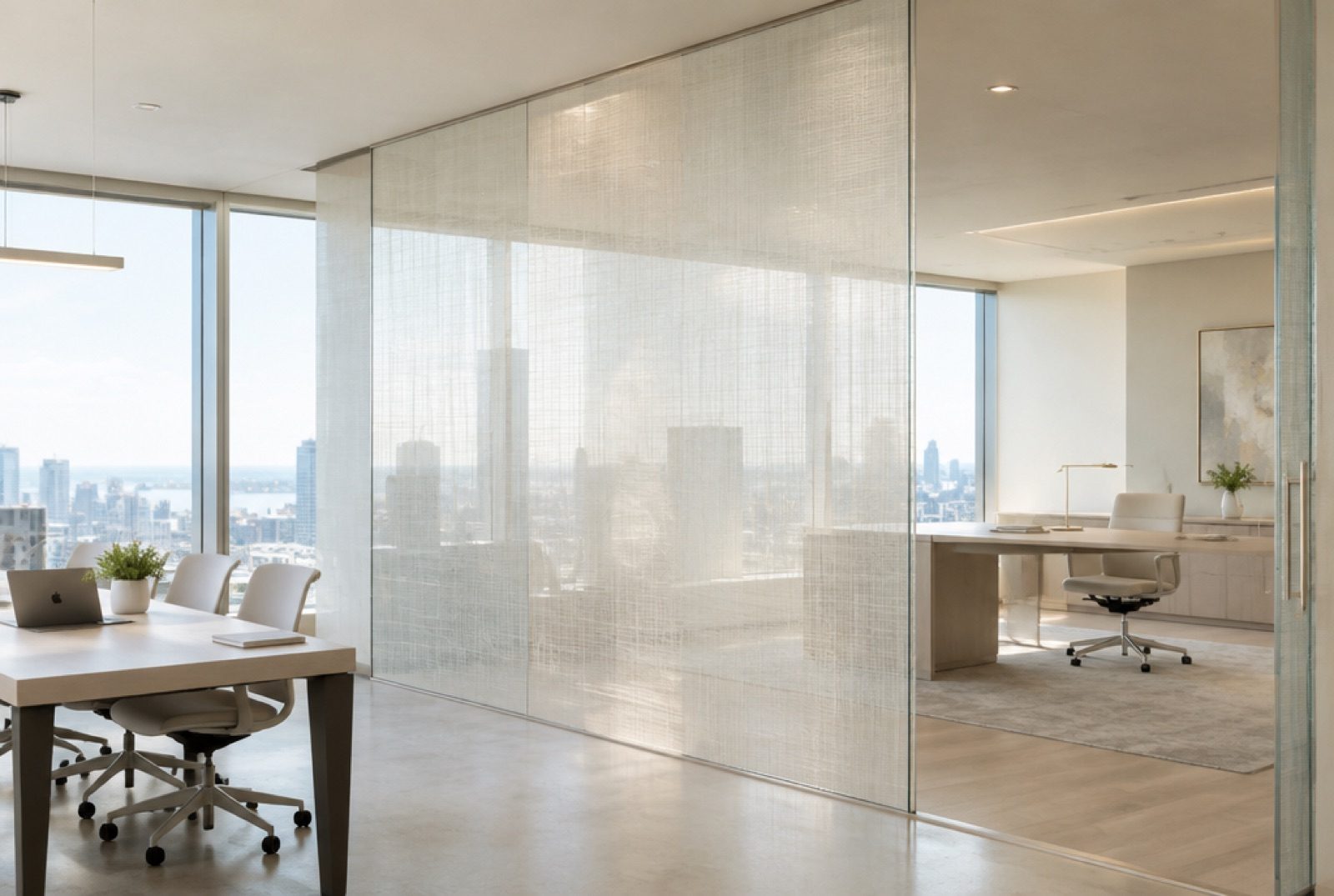 Pearl Silk fabric laminated glass partition in a real office environment
