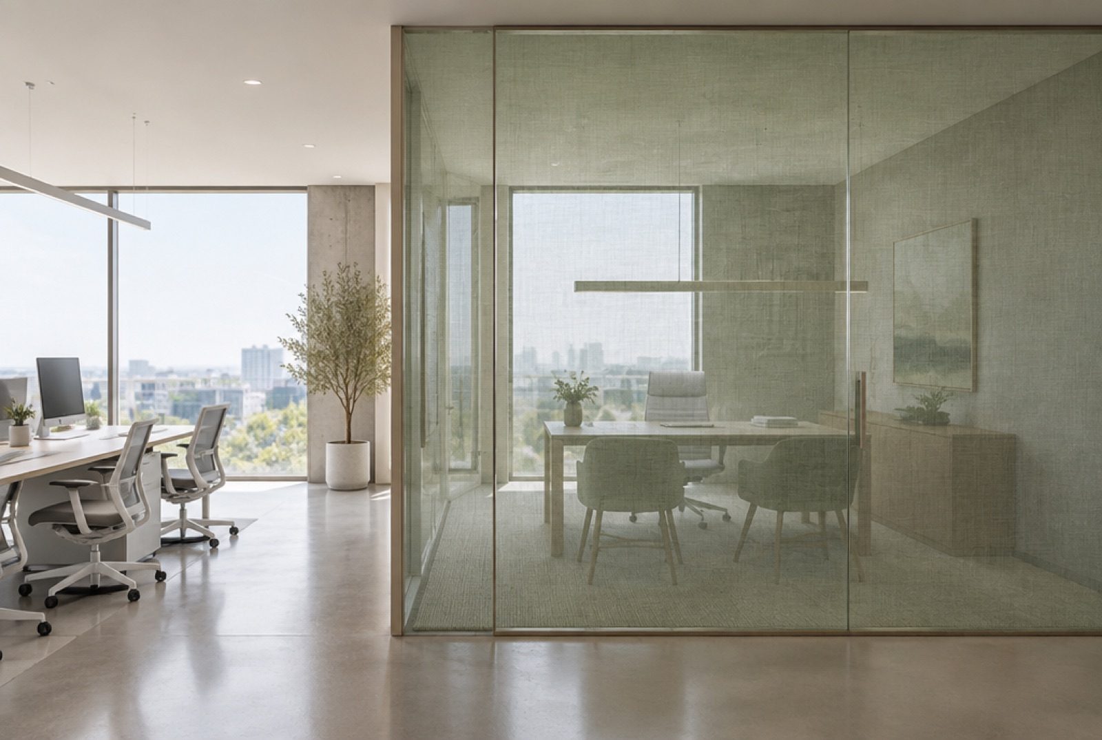 Sage Linen fabric laminated glass partition in a real office environment