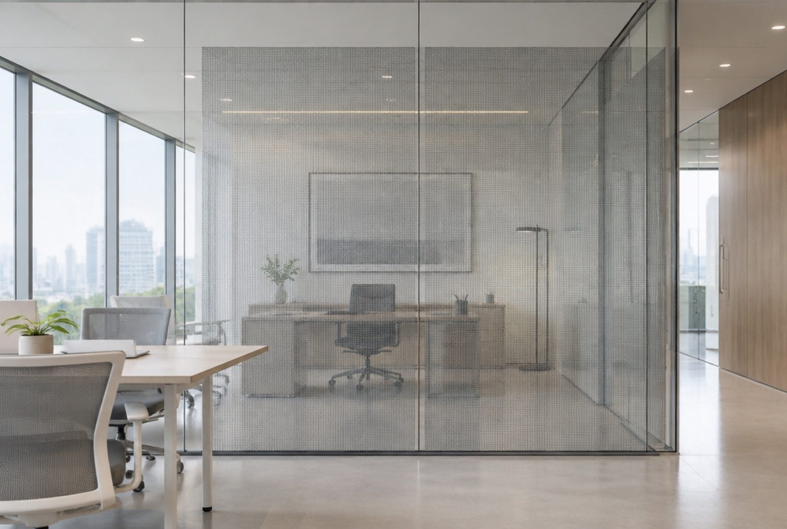 Silver Mesh fabric laminated glass partition in a real office environment