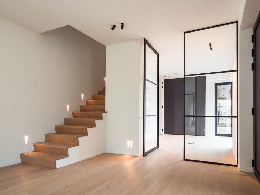 Door with Fixed Partition — Lightfall glass pivot door by Serene Glass, Houston TX
