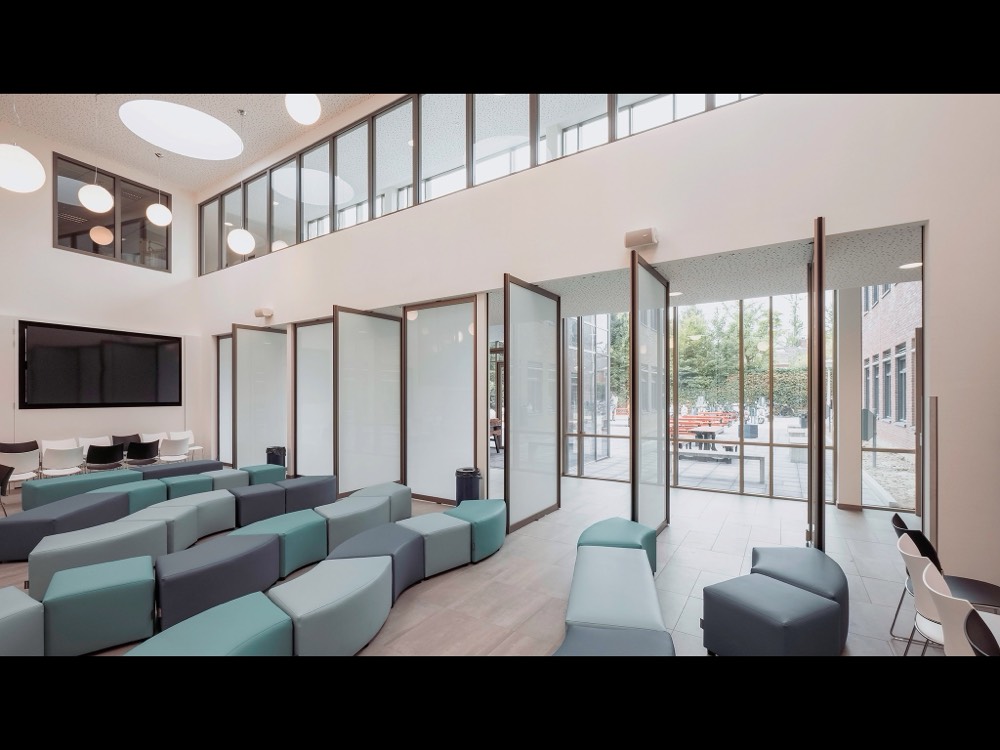 Multi-Panel Room Divider — Lightfall glass pivot door by Serene Glass, Houston TX